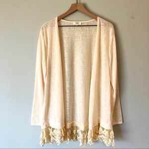 Umgee | Cream Open Cardigan w/ Lace Trim Hem M
